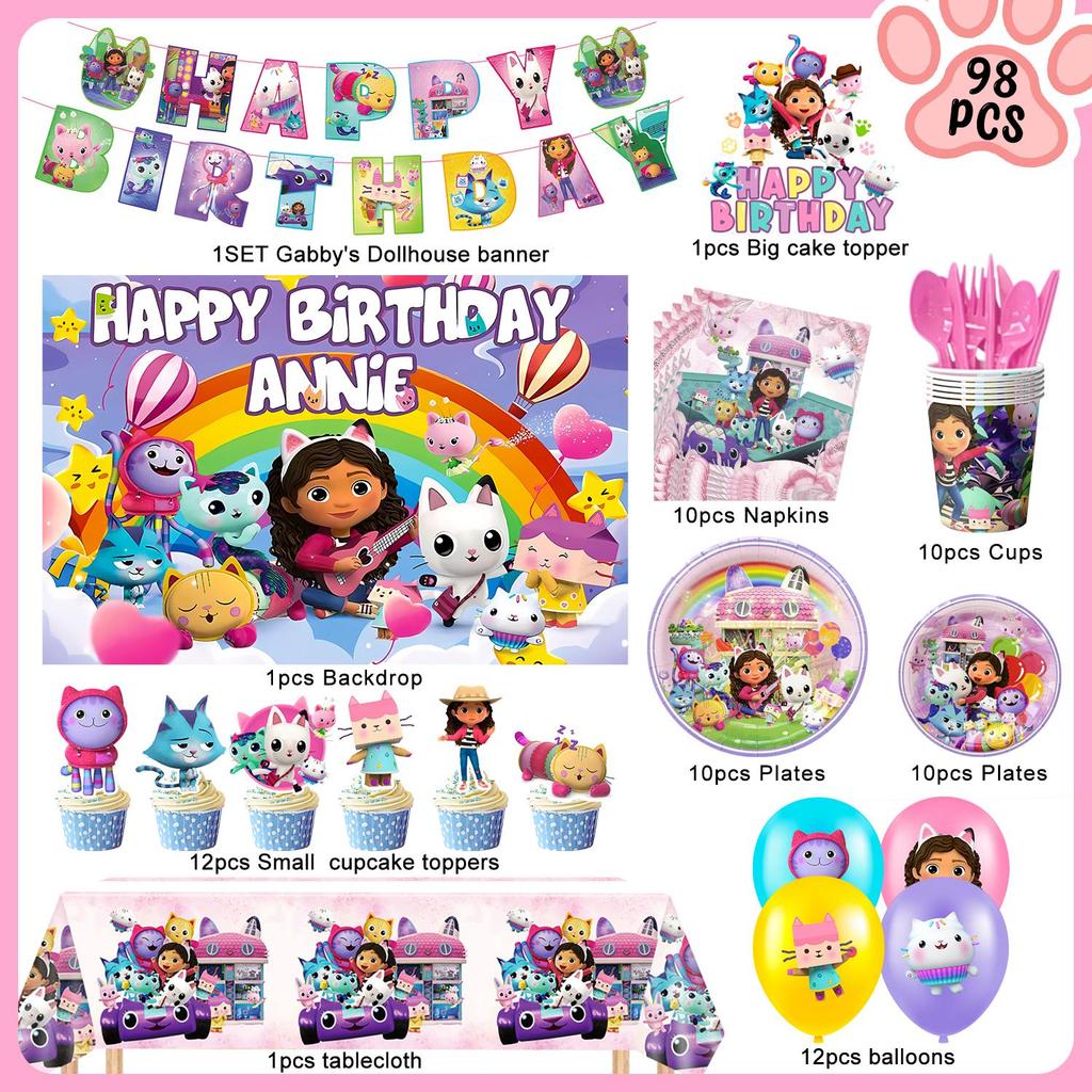 98pcs Cartoon Party Supplies, Cartoon Party Decor&Tableware Set - Cartoon Birthday Party Plates Cups Napkins, Cartoon Party Balloons Backdrop Banner