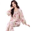 GUJIN Soft Cotton Silk Long Sleeve Pajamas for Women Spring and Autumn New Cardigan Sleepwear Plus Size 2XL Set