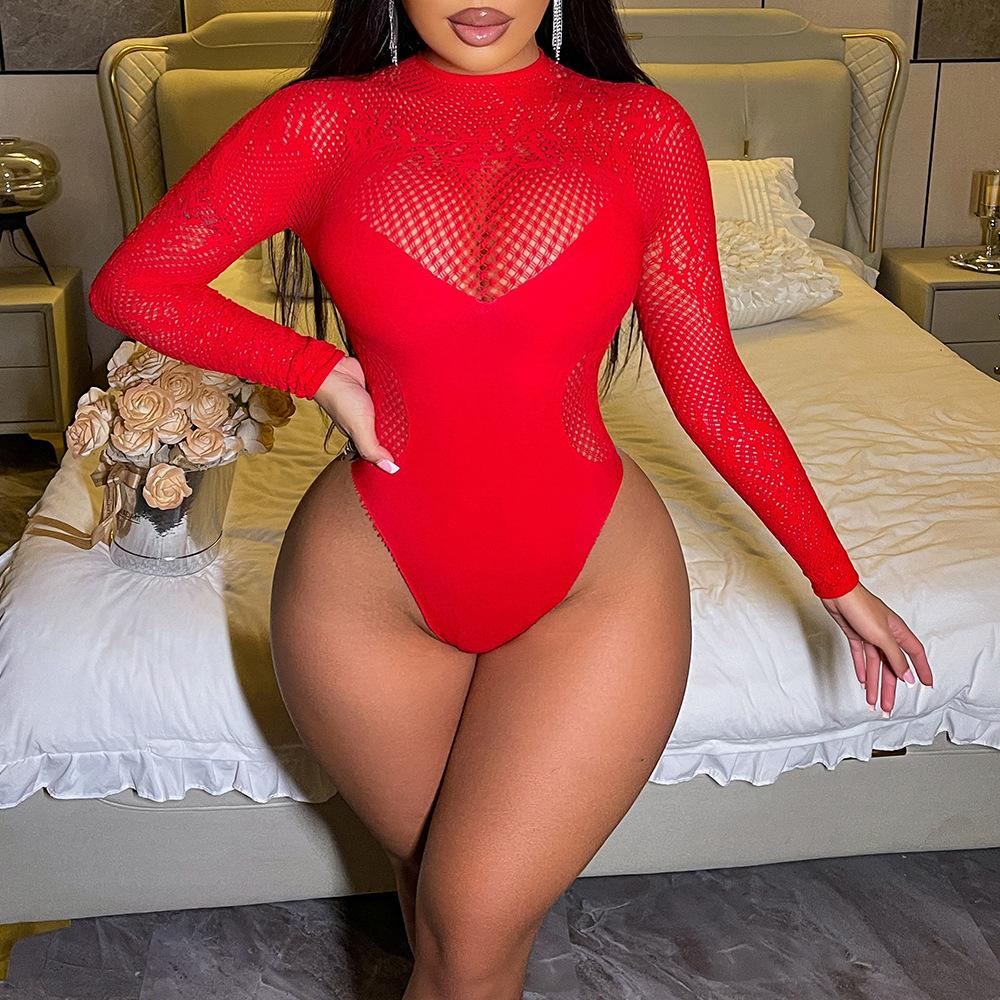 Sexy Underwear Hollow Mesh Coat Rose Red Long-sleeved Bikini Sexy Backless Fake Flesh One-piece