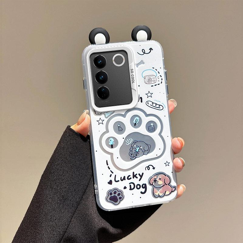 KEYSION Cute Ear Cartoon Case for VIVO V27 5G with Lanyard Soft Silicone+PC Shockproof Phone Back Cover for VIVO V27 5G