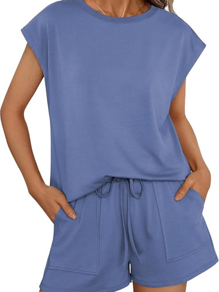 

Women s Sleeveless Round Neck Top and Drawstring Shorts Set in Rose, Beige, Teal, Black XL синій
