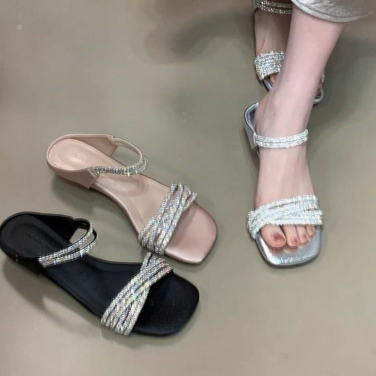 Celebrity rhinestone with open-toed sandals fashion temperament one-word drag summer sexy beautiful woman Shipo cool slippers