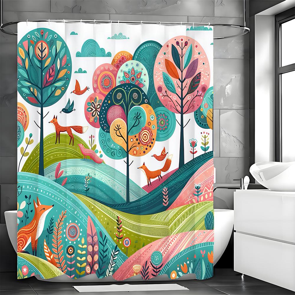 Cartoon Illustration Mountains and Trees Fox Birds Flowers and Plants Shower Curtain, Bathroom Decorative Shower Curtain, Waterp