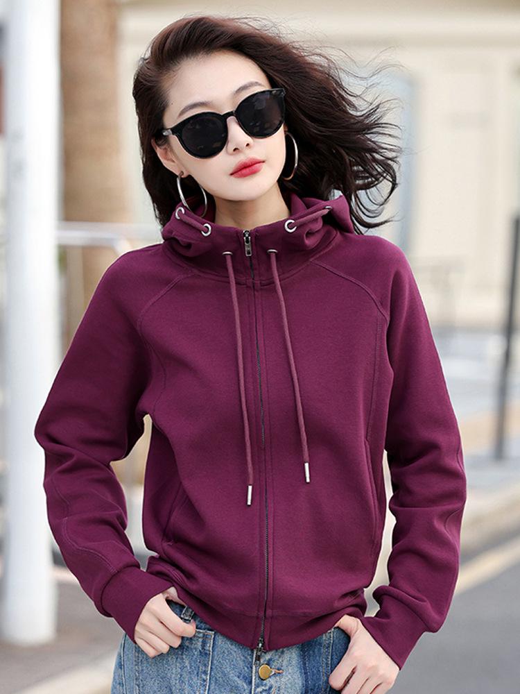 Grauer Damen-Cardigan-Hoodie mit doppeltem Reißverschluss, schwere Qualität - Sportlicher koreanischer Stil, Langarm, Frühjahr/Herbst Kollektion 2025.