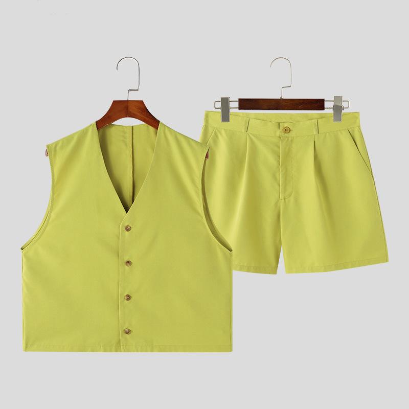 

Men s Bright Yellow Sleeveless Vest and Shorts Set, Casual Summer Outfit with Brown Handbag M жовто-зелений