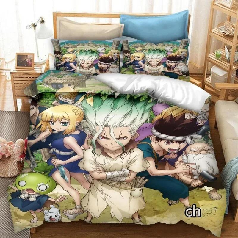 New Anime Dr.STONE 3D Print Bedding Set Duvet Covers Pillowcases Comforter Soft Cotton Bedclothes