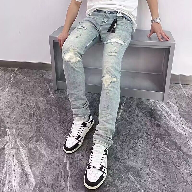 Klasické patchworkové Slim Fit Stretch Hip Hop Oblečení Muž Světle modré Stretch Roztrhané džínové kalhoty Velká velikost