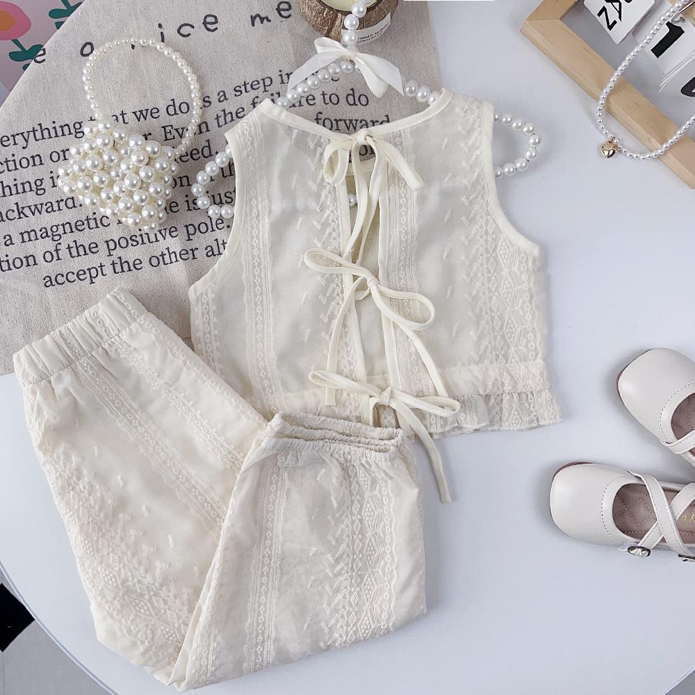 

Медвежий лидер Девушки Летние комплекты одежды Повседневная полая кружевная футболка + брюки 2шт Костюм Ремешок Кардиган Жилет Одежда для девочек Наряды