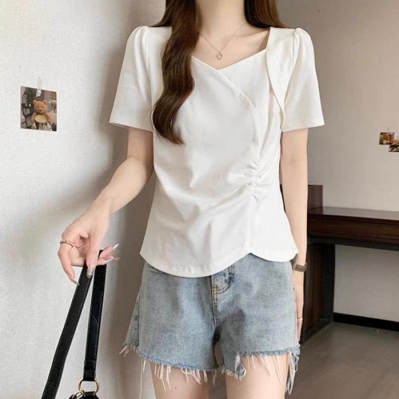 Straight Shoulders Irregular and Fake Shoulders Summer New Large-size Belly-covering and Slimming Design Top