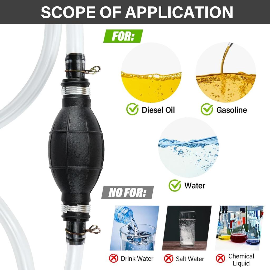 Portable Manual Siphon Pump For Fuel Transfer, Premium Gasoline Diesel Water Oil Transfer With 15Mm PVC Hoses, Hose Clip & Brass Connectors, Ideal