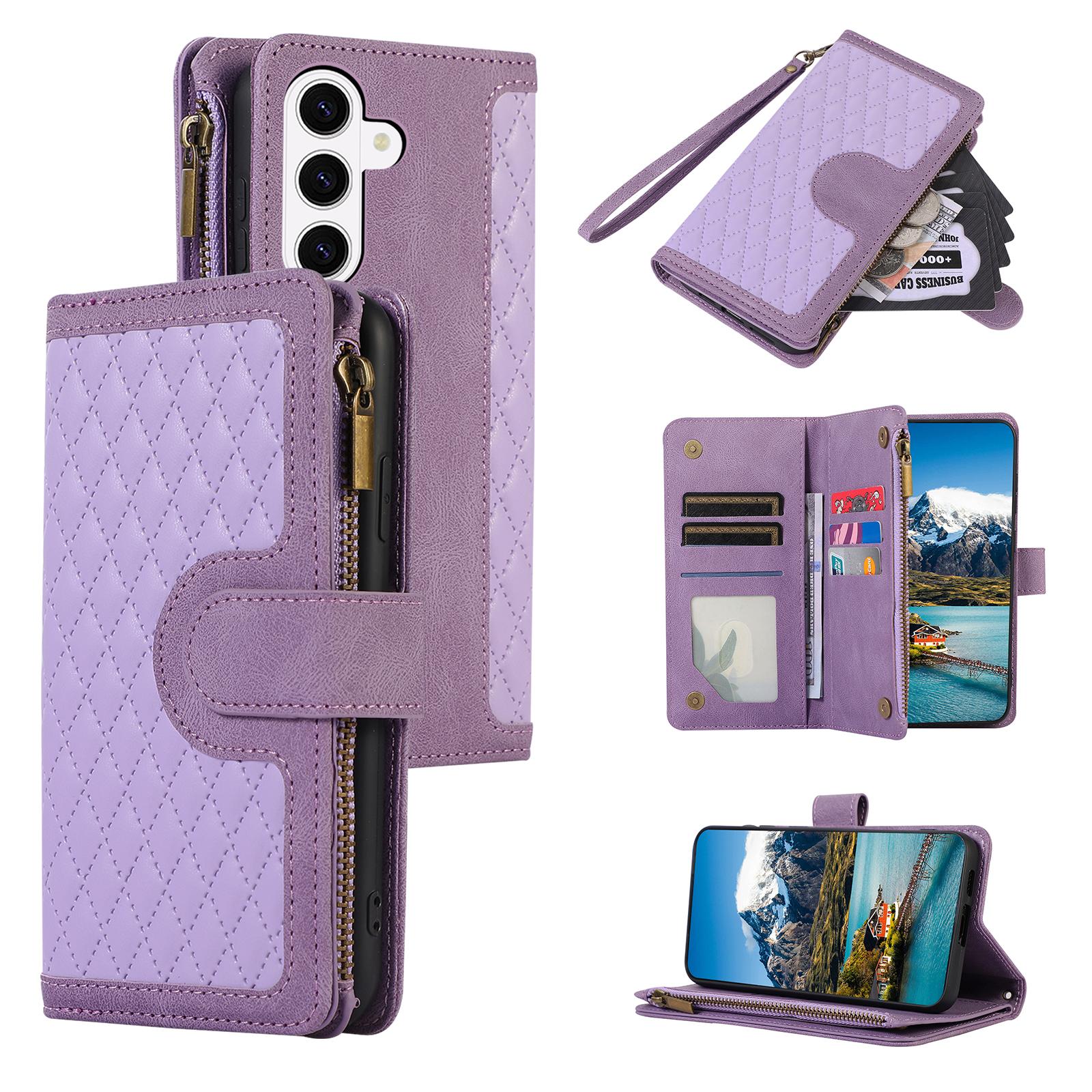

For Samsung Galaxy S26+ Case 9 Card Slots Rhombus Design Leather Phone Cover with Wrist Strap