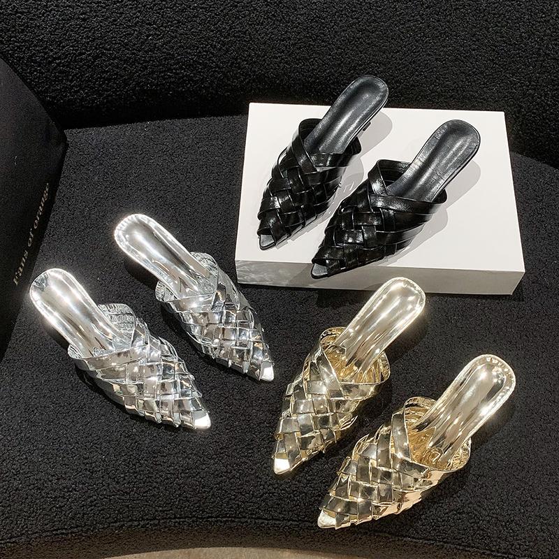 Fashion Summer Women Slipper Fashion Weave Pointed Toe Slip On Ladies Mules Shoes Flat Heel Sandal Shoes Dress Slides Mujer