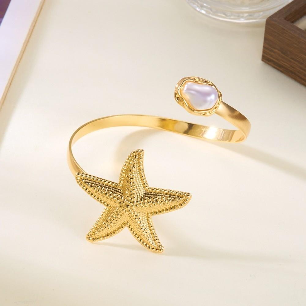 Metal Women Bracelet Imitation Pearl Armlet Jewelry Simple Starfish Open Cuff Bangles Gift