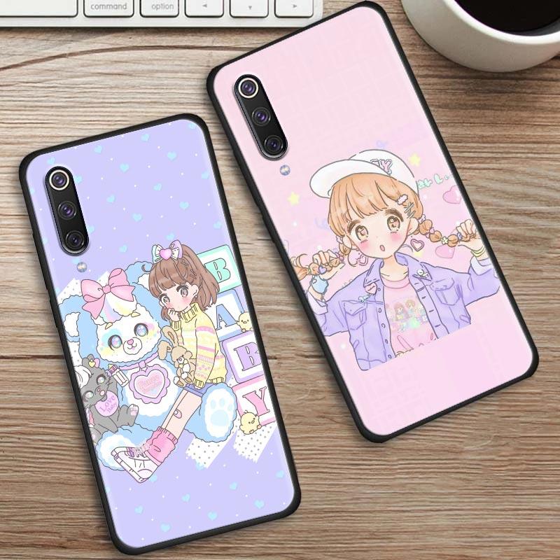 Kawaii Anime Niedliches Schönes Mädchen Handyhülle für Xiaomi Mi A2 8 9 SE 9T 10 10T 10S CC9 E Note 10 Lite Pro 5G 4G Schwarze Hülle Abdeckung