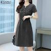 ZANZEA Women Retro Casual Blue Denim Short Sleeve V-neck Midi Dress