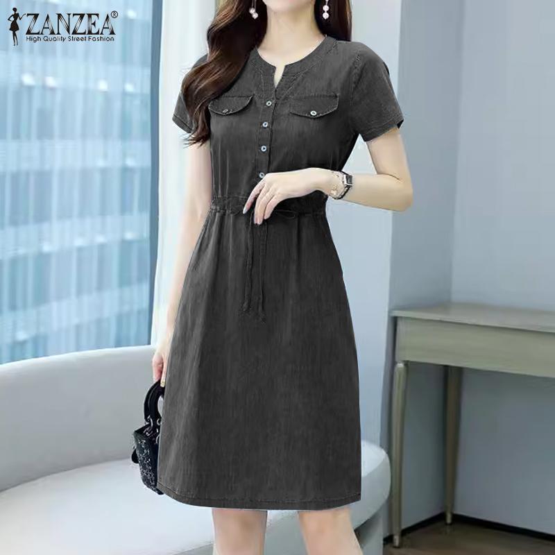 ZANZEA Women Retro Casual Blue Denim Short Sleeve V-neck Midi Dress