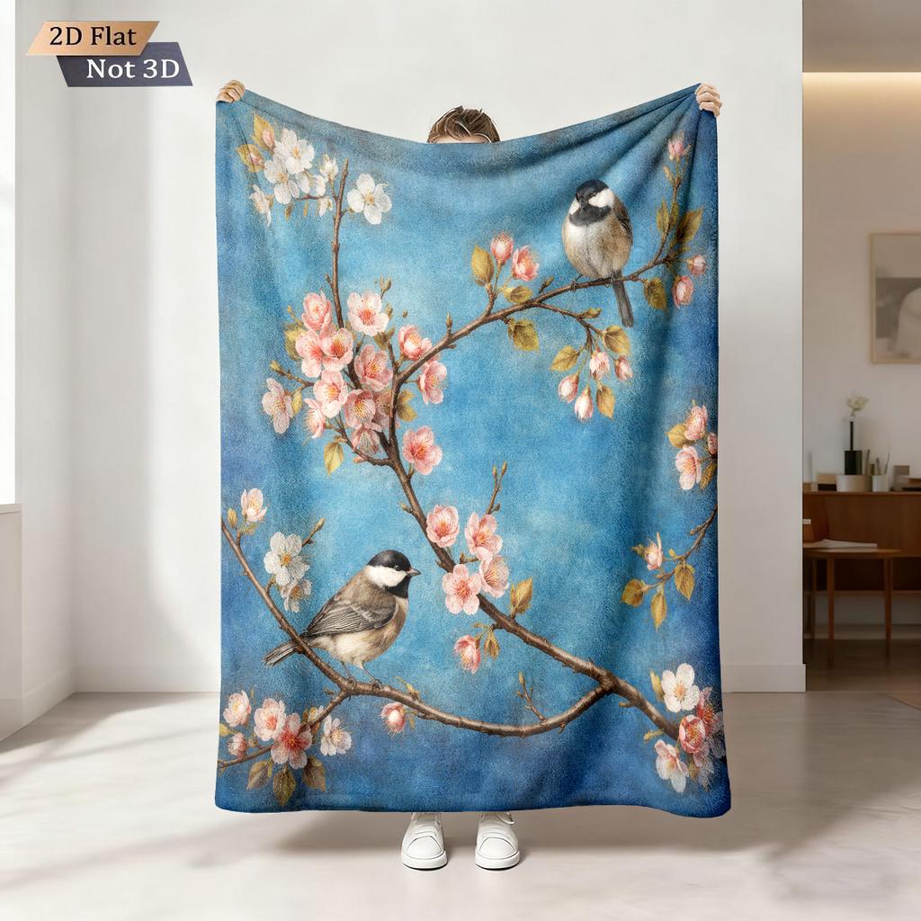1Pc Chinese Style Flower Bird Print Flannel Blanket Multi Size Living Room Sofa Nap And Leisure Blanket Soft Machine Washable