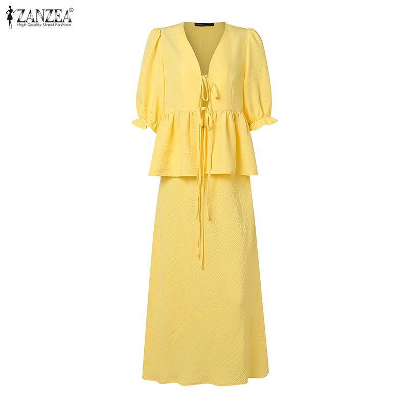 ZANZEA Women Elegant Two Piece Skirt Sets Puff Sleeve Tie Front V Neck Peplum Tops and Long Skirt Beachwear Suits