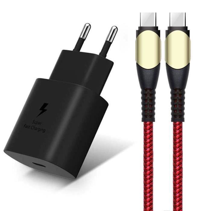 Chargeur Rapide 25W - Câble USB-C 1M - Nylon Rouge - Compatible Samsung A56 A55 a54 A53 A15 A16 A17