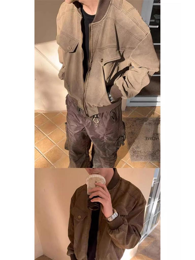 CleanFit Men's Brown Short Harrington Jacket - Retro Workwear Bomber Baseball Style