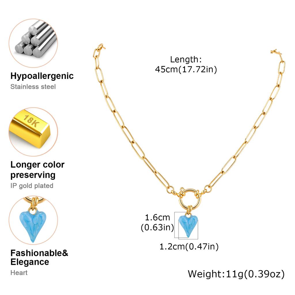 Romantic Heart Pendant Necklace Gold Plated Stainless Steel Paperclip Chain Enamel Love Shape Waterproof Aesthetic Mother Gift