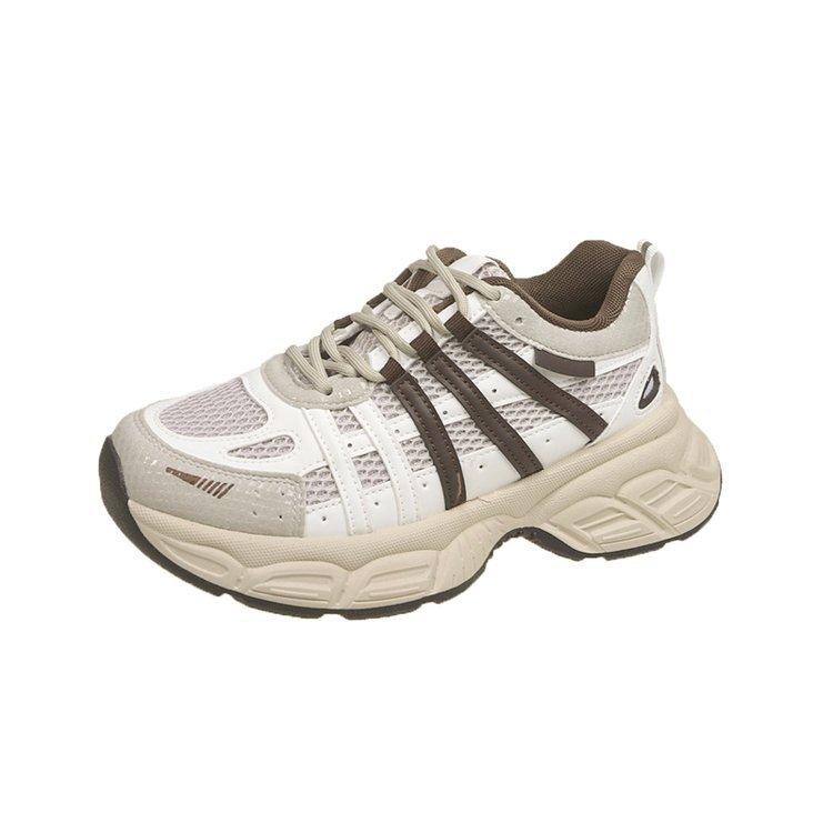 2025 new women's shoes breathable mesh leather dad shoes thick sole old sports casual shoes lace up dirty single shoes