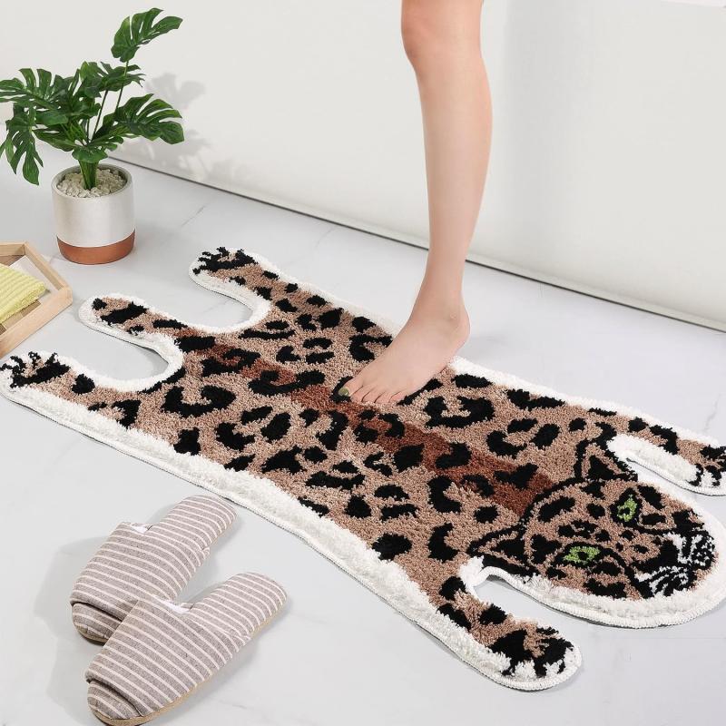 Leopard Panther Shaped Fluffy Soft Bath Mat Non Slip Water Absorbent Animal Doormat Bedroom Bathroom Floor Decor Rug