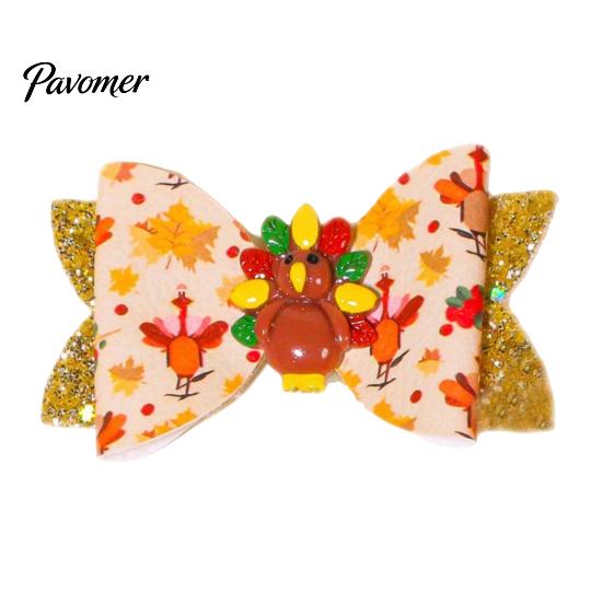 Festival Style Hair Accessories Thanksgiving Turkey Bow Clip for Girls, Decorative Pins, Cute Cartoon Clips Double Layer Glitter Clip, Autumn Holiday