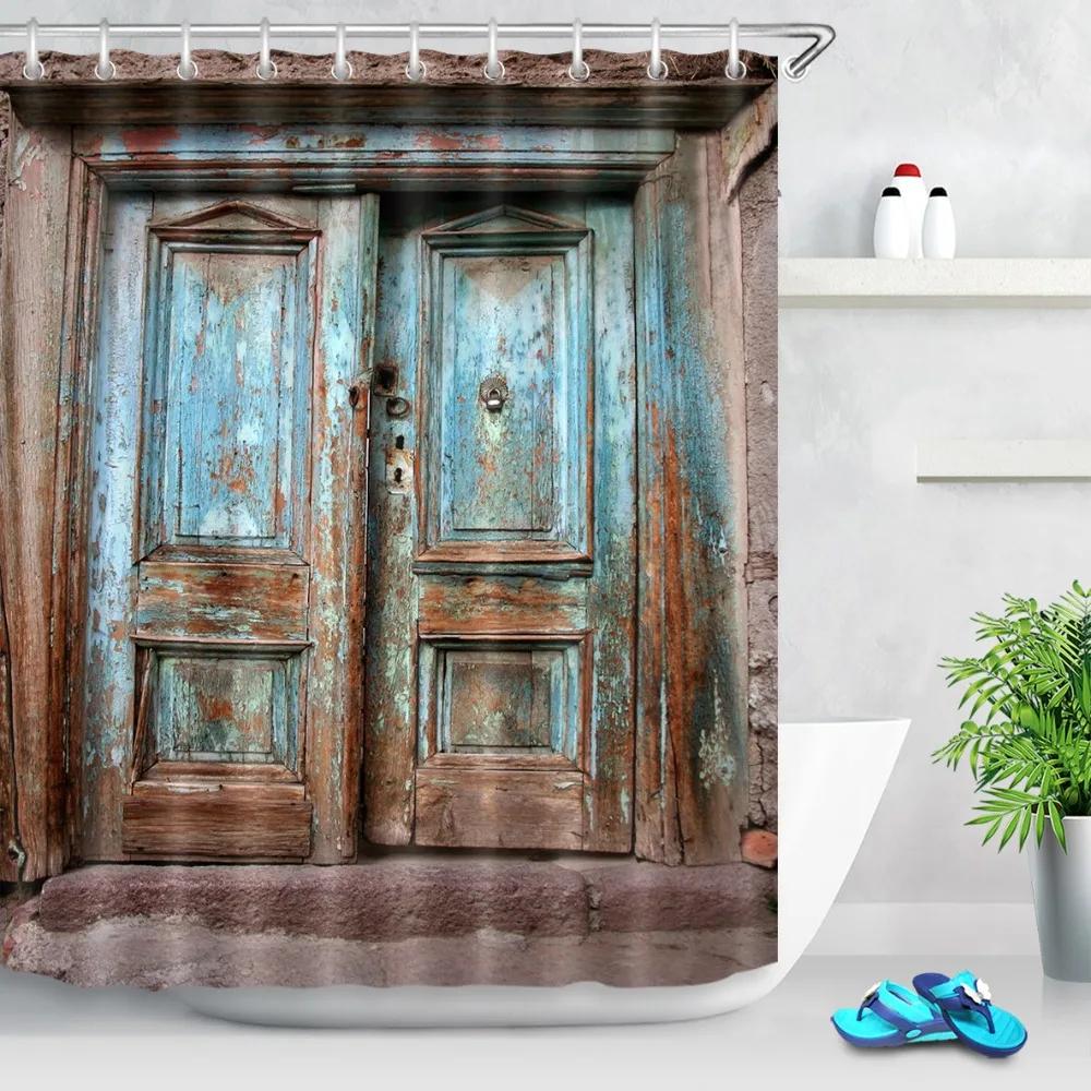Bauernhaus Dekorativer Duschvorhang aus Holztür Retro Rustikale Scheunenholztür Europa Western Country Home Decor Badvorhanghaken
