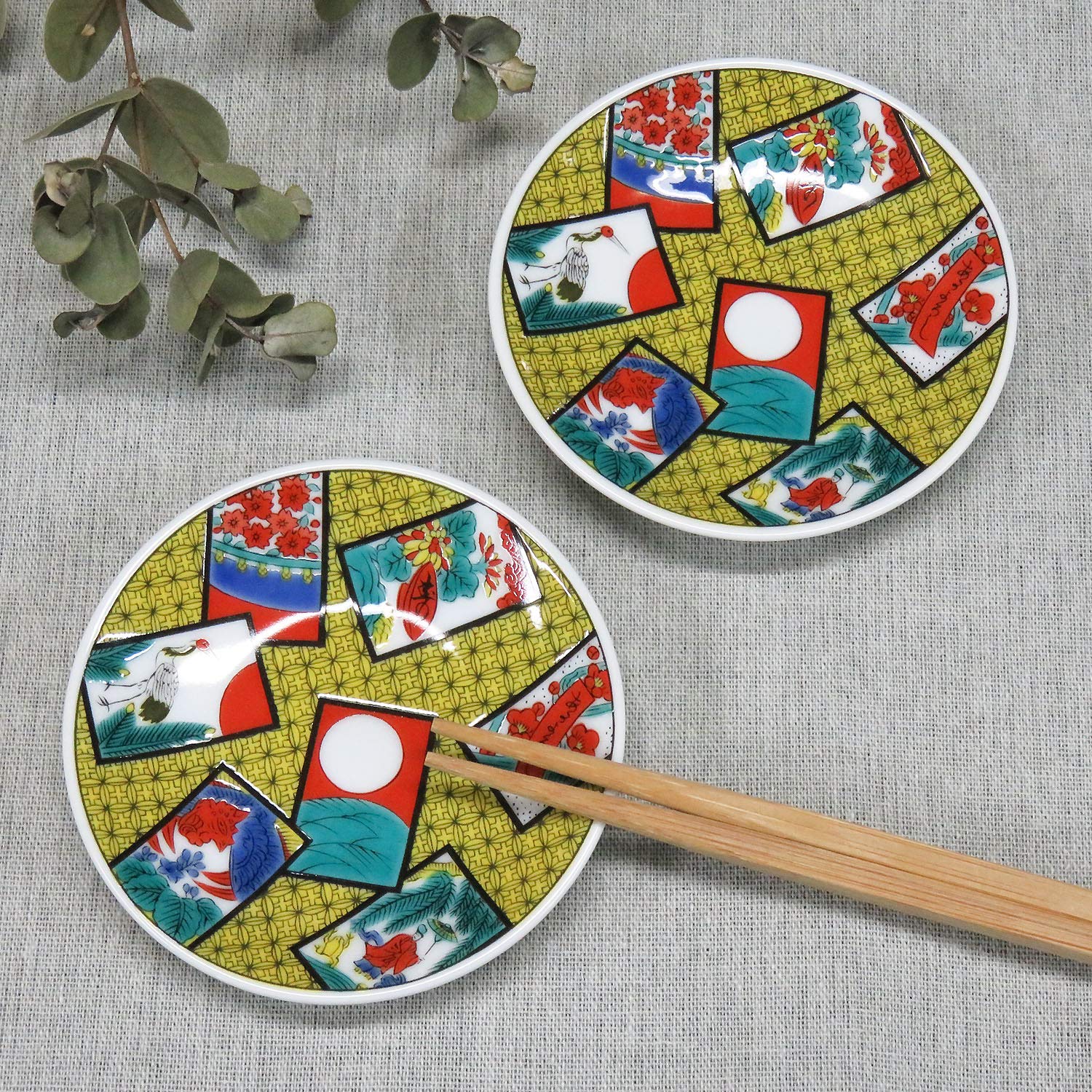 

Waza no Kura: Stylish Kutani Ware Small Plates with Flower Karuta Designs, Set of 2, Ceramic, Small Plates, Japanese Tableware