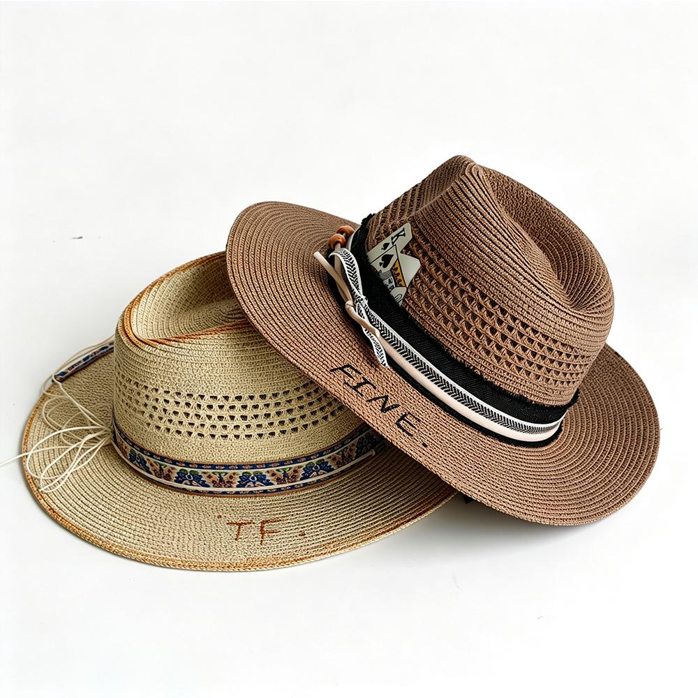 Fashion Black Men'S Summer Straw Woven Fedora Hat Panama Hat Wide Brim Summer Beach Sun Hat Playing Card Accessory