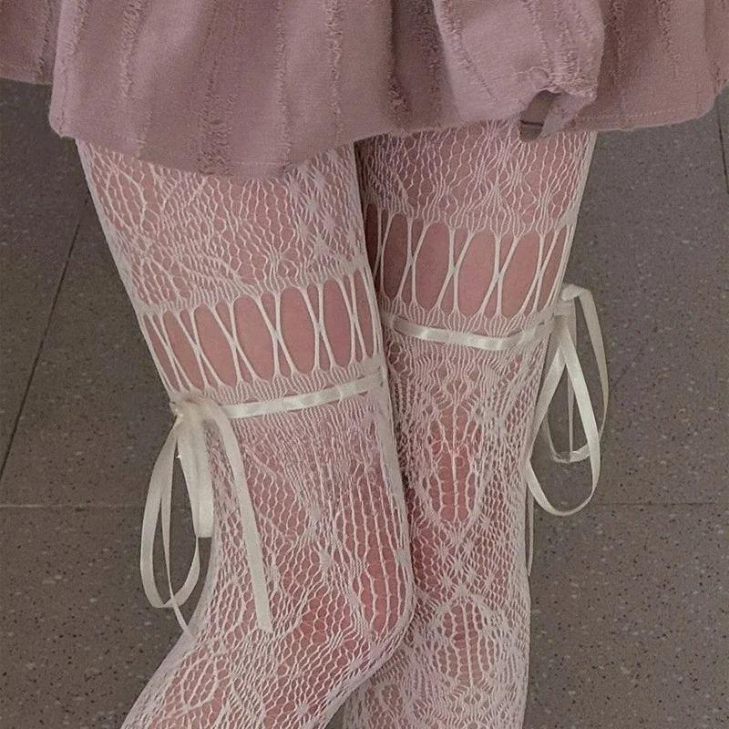 Lolita Lace Fishnet Suspender Socks for Women Sexy Nylon White Mesh Thigh High Stockings White Tights Open Crotch Pantyhose