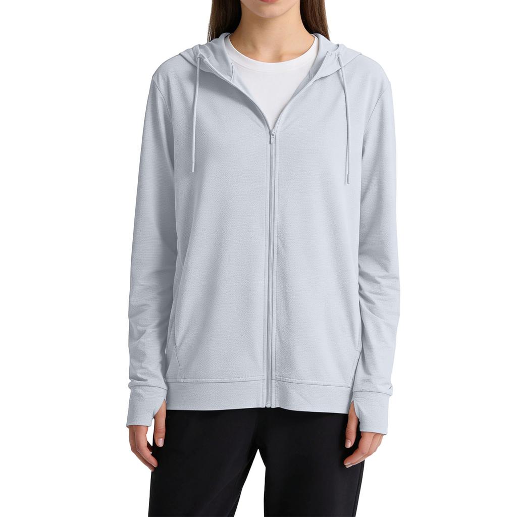 Lightweight Full Zip Hooded Jacket with Long Sleeves Breathable Fabric Casual Loose Fit Sun Outerwear