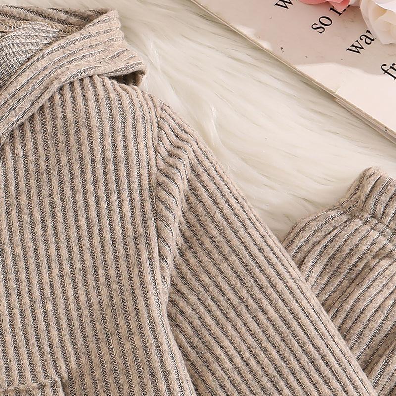 Mädchen Outfit Herbst Winter Neu Gestrickt Gerippt Langarm Kapuzen Reißverschluss Oberteil Mode Schlaghose