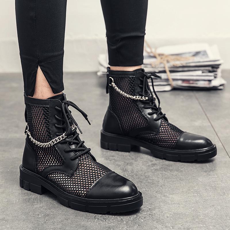Herren Größe 46 Sommer Leder High-Top Schuhe, Modisch, Atmungsaktiv, Ausgeschnittenes Design, Trendige Retro Freizeitschuhe 40 schwarz