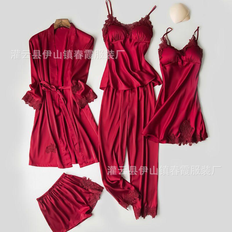 

Autumn and spring five-piece pajamas women s imitation silk long-sleeved nightgown thin suspender nightdress loungewear set S красный
