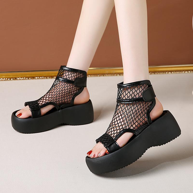 High Top Sandals Women's Summer Fashion Round Toe Open Toe Cutout Breathable Mesh Thin Platform Non-Slip Booties
