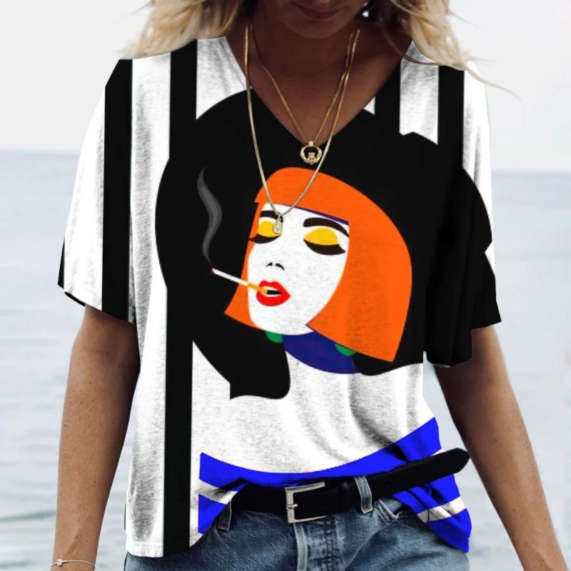 Ladies' V-neck T-shirt 3D Digital Printing Art Abstract Face Fashion Casual Trend Printed Short Sleeved Shirt