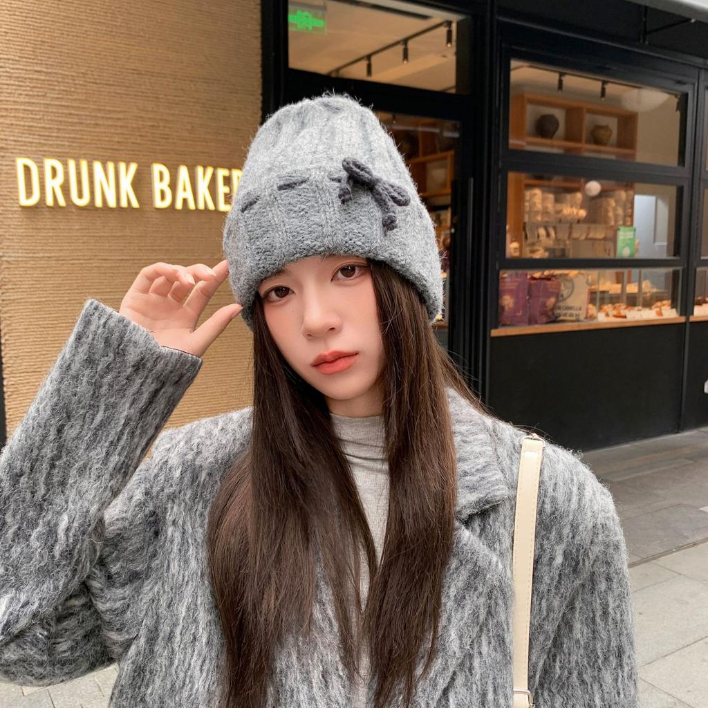 Winter 2025 Bow White Knitted Wool Cap Women's Plush Warm Big Head Circumference Baotou Hat Ear Protector Hat
