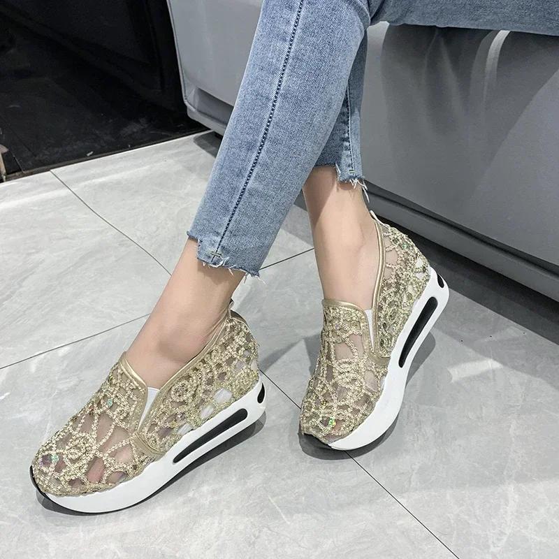 Women Sneakers 2024 Platform Wedge Embroidery Mesh Sneakers Women Slip On Casual Comfy Heeled Shoes for Women Zapatos De Mujer