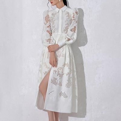 Vintage Style Spring and Summer Women's Lapel Long Lantern Sleeve Mid-length Embroidery Hollowed Out Solid Colour Dress
