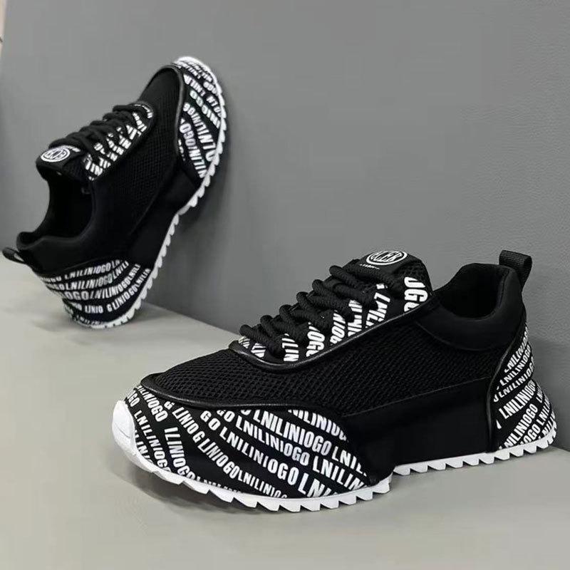 Men's Shoes Summer New Breathable Mesh Sports Casual Shoes Inner Height Increase Printed Letter Dad Shoes