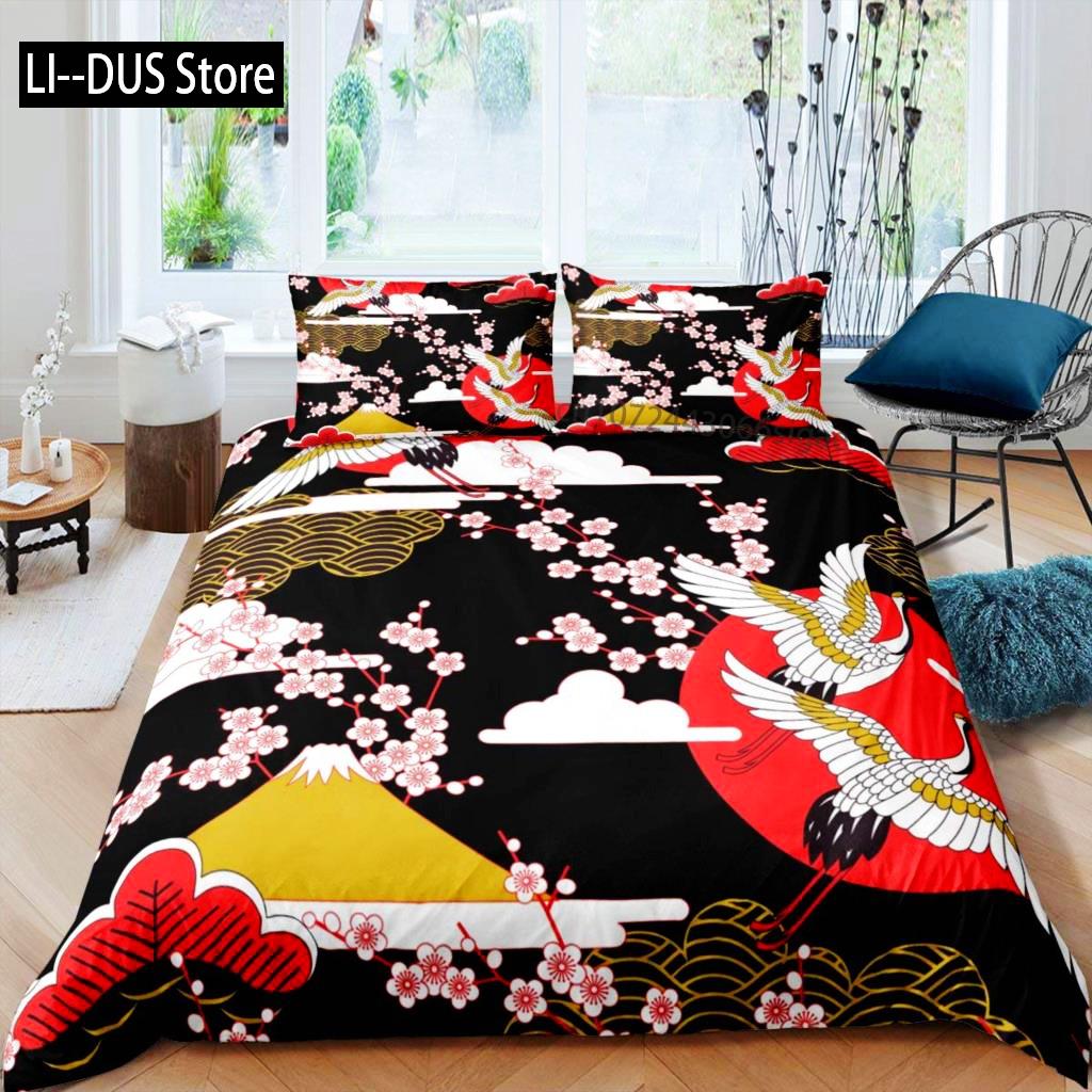 Comforter Crane Queen Size Japanese-Style Bedding Set Cherry Blossoms Pattern Women Girls Japanese Traditional