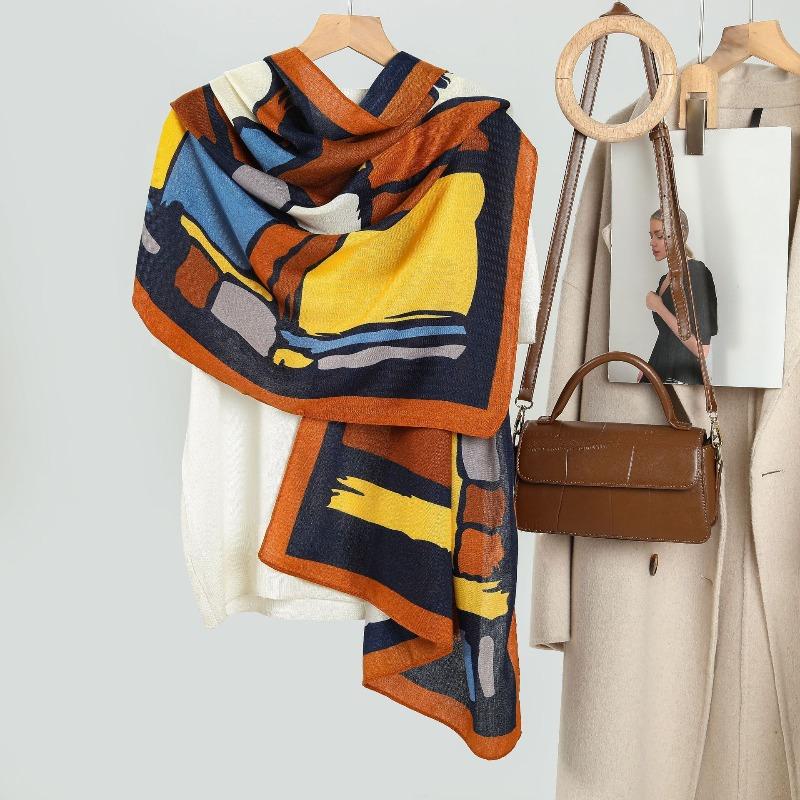 New women's print graffiti contrasting scarf scarf, fashionable autumn and winter thin shawl with sunscreen silk scarf