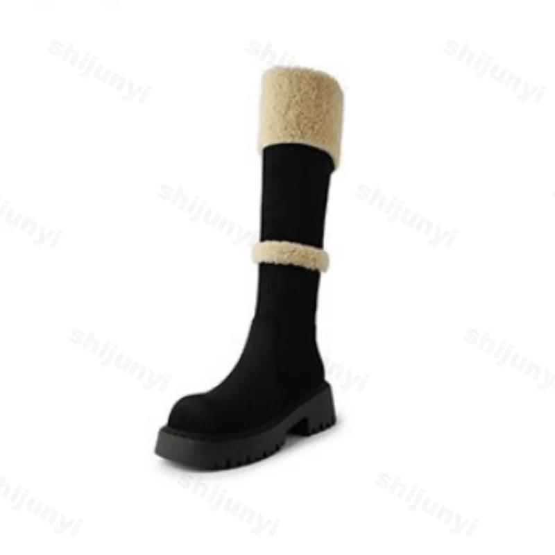 Thickened Lamb Wool Long Tube Snow Boots for Women New 2025 Autumn Winter Anti-slip Fleece-lined Cotton Shoes Knee High Boots