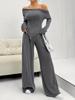 Elegant One-Shoulder Solid Color Two-Piece Set with Irregular Long Sleeve & Wide-Leg Pants for Women