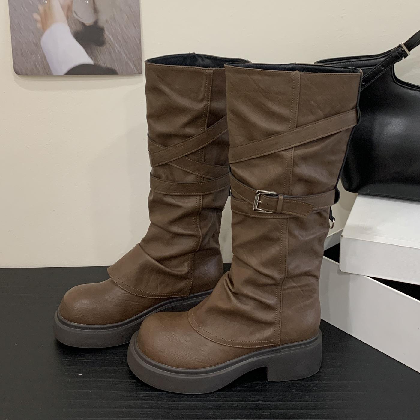 

Eilyken Autumn Winter Punk Style Belt Buckle Women Knee High Boots Fashion Round Toe Square Low Heels Long Shoes 40