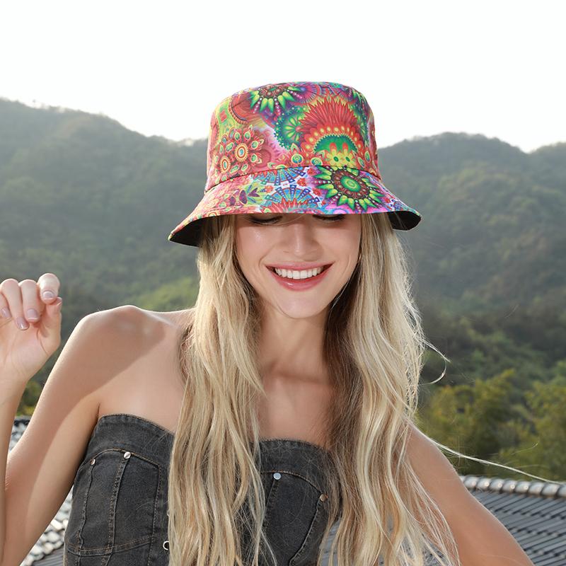 Fashion trend individuality printed graffiti double sided fisherman hat Hip hop wind shade basin hat go out to play all the hats