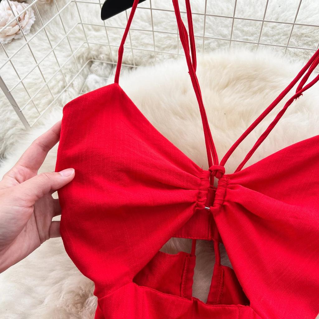 Design Hollow-out Wrap-around Hanging Neck Dress Scheming Strap Slim Fit Long Over-the-Knee Split Vacation Suspender Dress