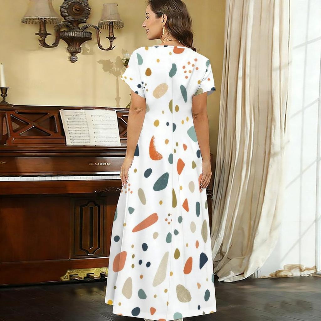 Women Plus Size V Neck Short Sleeve Printed Straight Maxi Dress
